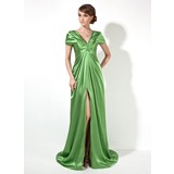 Empire V-neck Court Train Charmeuse Evening Dress With Ruffle (017022522)