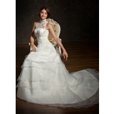 A-Lijn/Prinses Hoge Neck Kapel Sleep Organza satijn Tulle Bruidsjurk met Roes Lace Kraalwerk (002001235)
