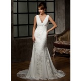 Stile sirena Scollatura a V Coda a strascico corto Chiffon Tulle Abito per matrimonio con Increspature Pizzo (002000583)