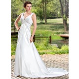 Empire V-neck Court Train Charmeuse Wedding Dress With Ruffle Beadwork (002011454)
