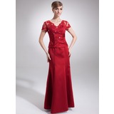 Mermaid V-neck Floor-Length Satin Mother of the Bride Dress With Lace Beading (008005754)
