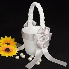 Flower Girl Basket In White Satin With Faux Peal(102018104)