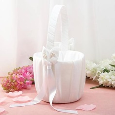 Flower Basket In White Satin With Lily Ribbons(102018058)