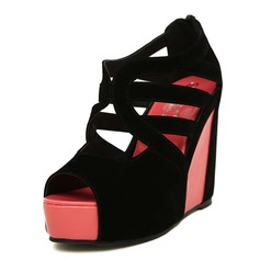 Leatherette Wedge Heel Peep Toe Pumps With Zipper Braided Strap (085025153)