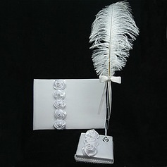 White Satin Rose Guest Book And Pen Set With Feather(101018195)