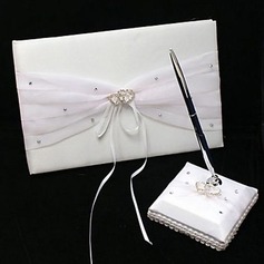 Wedding Guest Book and Pen Set in White Satin With Rhinestone Accents(101018137)