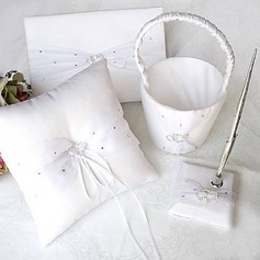 Linked Hearts White Satin Wedding Collection Set With Rhinestone (4 Pieces)(100017952)