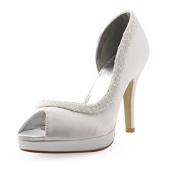 Satin Spool Heel Peep Toe Platform Pumps Wedding Shoes With Sequin (047004931)