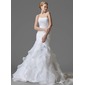 Mermaid One-Shoulder Court Train Organza Satin Wedding Dress With Ruffle Beadwork Flower(s) (002004150)