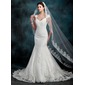 Mermaid V-neck Chapel Train Satin Tulle Wedding Dress With Lace Beadwork (002000630)