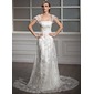 Sheath/Column Square Neckline Chapel Train Satin Lace Wedding Dress With Ruffle Beadwork Sequins (002004755) Sheath/Column Square Neckline Chapel Train Satin Lace Wedding Dress With Ruffle Beadwork Sequins (002004755)