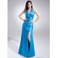 Sheath Halter Floor-Length Charmeuse Prom Dress With Ruffle Beading (018015877)