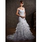 A-Line/Princess Off-the-Shoulder Sweep Train Organza Satin Wedding Dress With Ruffle Lace Beadwork (002008188)