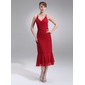 Empire V-neck Tea-Length Chiffon Bridesmaid Dress With Ruffle (007004277)