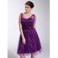 A-Line/Princess V-neck Knee-Length Tulle Charmeuse Homecoming Dress With Ruffle Flower(s) (007026281) A-Line/Princess V-neck Knee-Length Tulle Charmeuse Homecoming Dress With Ruffle Flower(s) (007026281)