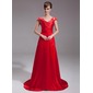 A-Line/Princess V-neck Sweep Train Charmeuse Lace Evening Dress With Ruffle Beading (017005598) A-Line/Princess V-neck Sweep Train Charmeuse Lace Evening Dress With Ruffle Beading (017005598)