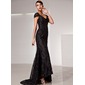 Mermaid V-neck Court Train Charmeuse Lace Mother of the Bride Dress With Beading (008014427)