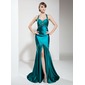 Mermaid Halter Sweep Train Charmeuse Prom Dress With Ruffle Beading (018002823)