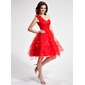 A-Line/Princess One-Shoulder Knee-Length Organza Homecoming Dress With Ruffle Flower(s) (002024406) A-Line/Princess One-Shoulder Knee-Length Organza Homecoming Dress With Ruffle Flower(s) (002024406)