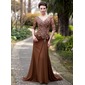 A-Line/Princess V-neck Sweep Train Chiffon Lace Mother of the Bride Dress With Ruffle Beading (008018727)