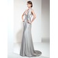 A-Line/Princess Halter Sweep Train Charmeuse Evening Dress With Ruffle Beading (017020665)