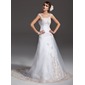 A-Line/Princess Off-the-Shoulder Court Train Satin Tulle Wedding Dress With Ruffle Lace Beadwork (002000091) A-Line/Princess Off-the-Shoulder Court Train Satin Tulle Wedding Dress With Ruffle Lace Beadwork (002000091)