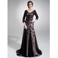 Sheath V-neck Sweep Train Tulle Charmeuse Mother of the Bride Dress With Lace (008006548)