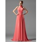 A-Line/Princess Halter Sweep Train Chiffon Bridesmaid Dress With Ruffle Flower(s) (007004138)