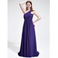 Império Um ombro Cauda vassoura Chiffon Vestido de madrinha com Pregueado Beading (007025605)
