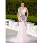 Sheath V-neck Court Train Satin Tulle Lace Evening Dress With Ruffle Beading Appliques (017017399) Sheath V-neck Court Train Satin Tulle Lace Evening Dress With Ruffle Beading Appliques (017017399)