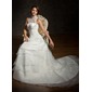 A-Lijn/Prinses Hoge Neck Kapel Sleep Organza satijn Tulle Bruidsjurk met Roes Lace Kraalwerk (002001235) A-Lijn/Prinses Hoge Neck Kapel Sleep Organza satijn Tulle Bruidsjurk met Roes Lace Kraalwerk (002001235)