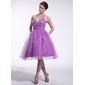 A-Line/Princess Halter Knee-Length Organza Charmeuse Homecoming Dress With Ruffle Beading (022026267) A-Line/Princess Halter Knee-Length Organza Charmeuse Homecoming Dress With Ruffle Beading (022026267)