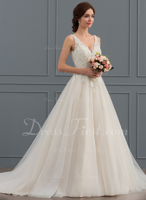 corte de baile/princesa escote en v cola corte tul vestido de novia