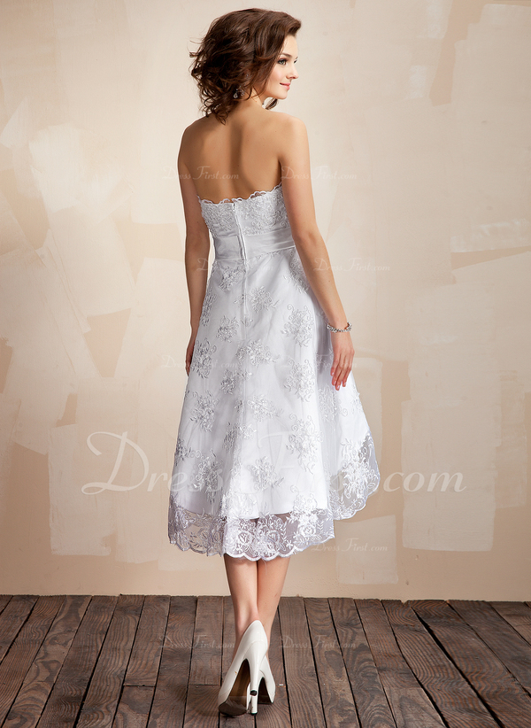 ALine/Princess Strapless Asymmetrical Lace Wedding Dress (002001414