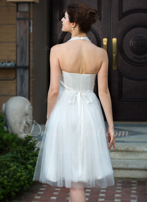 ALine/Princess Halter KneeLength Charmeuse Tulle Wedding Dress With