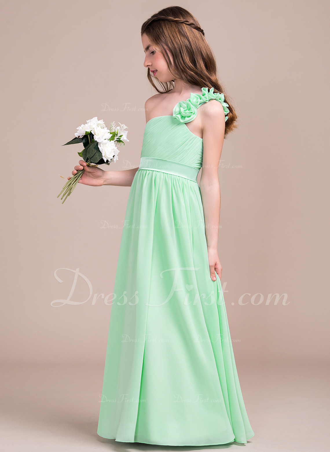 A-Line One-Shoulder Floor-Length Chiffon Junior Bridesmaid Dress With Ruffle Flower(s) 