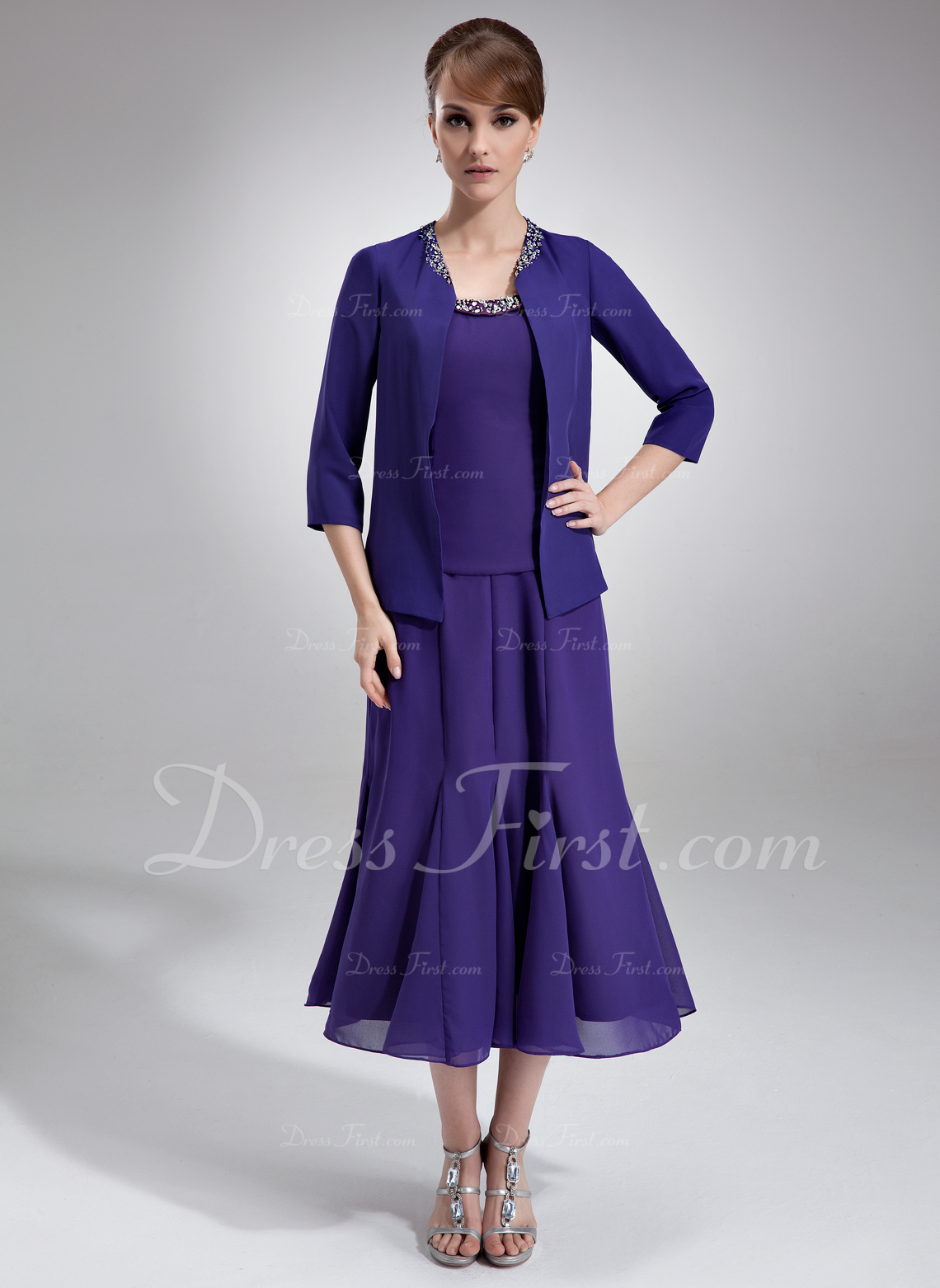 ALine Scoop Neck TeaLength Chiffon Mother of the Bride Dress With