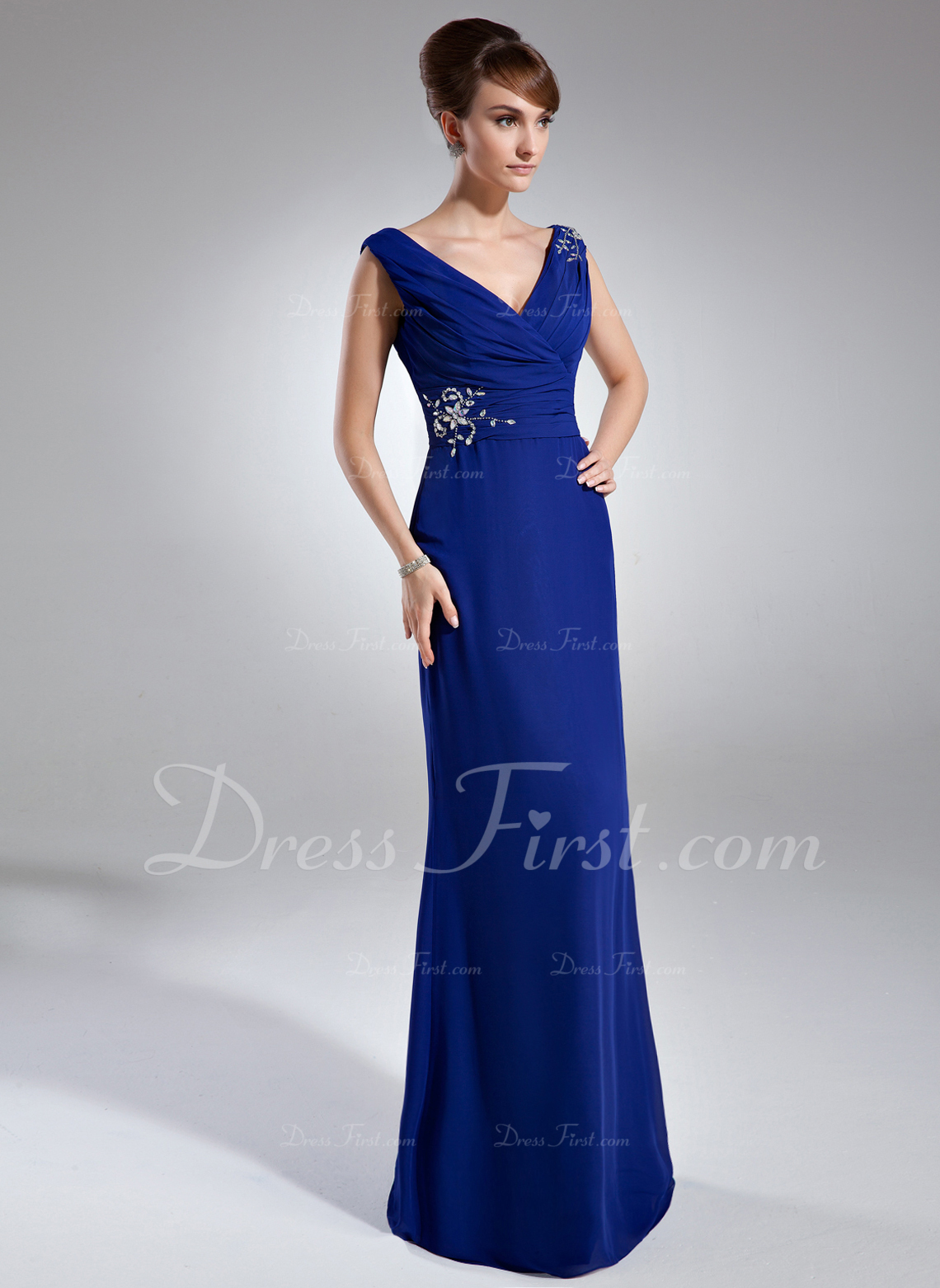 Floor Length V-Neck Royal Blue A-Line Mother Of The Bride Dress with Shawl main image 0