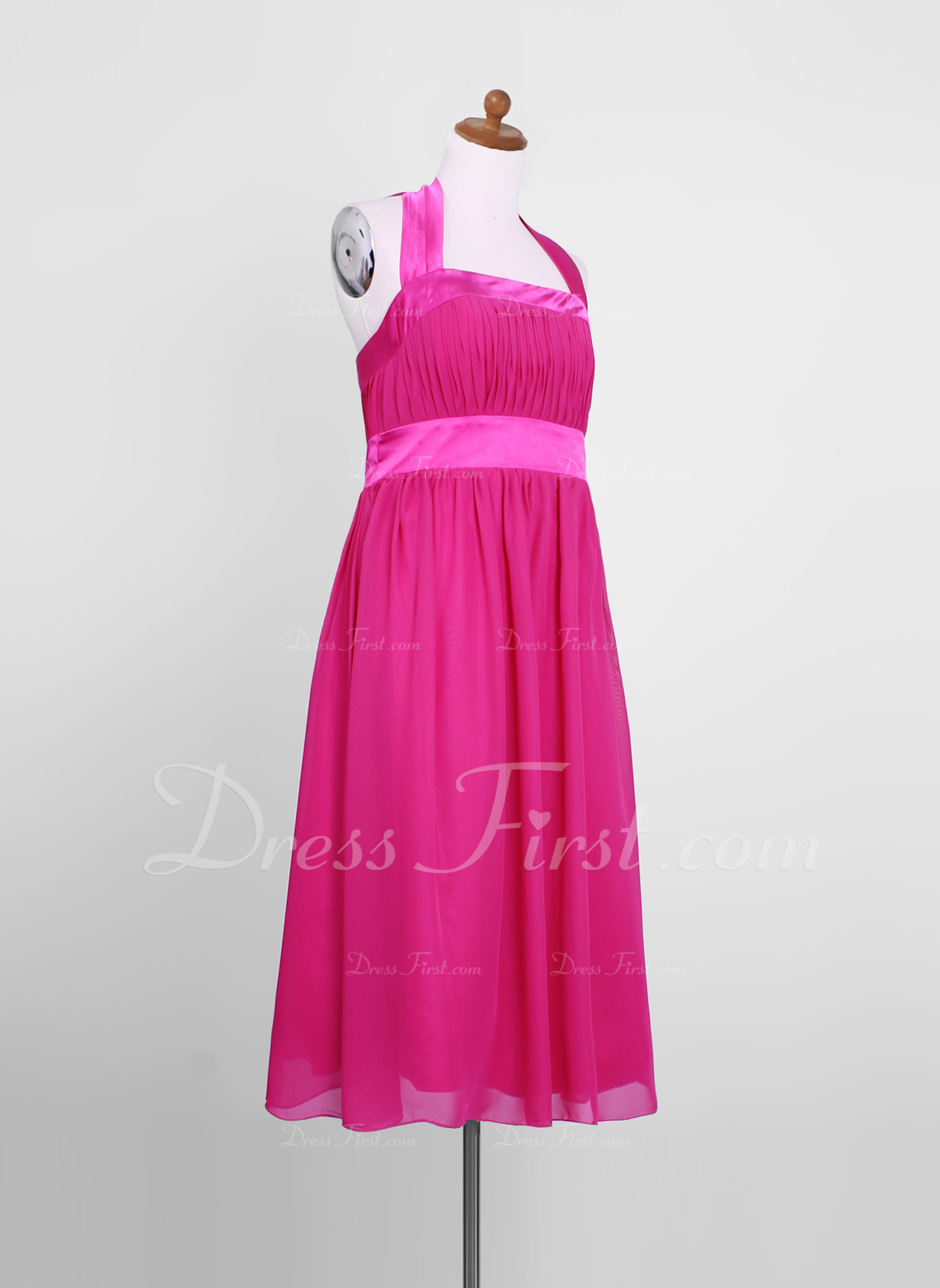 Empire Halter TeaLength Chiffon Junior Bridesmaid Dress With Ruffle