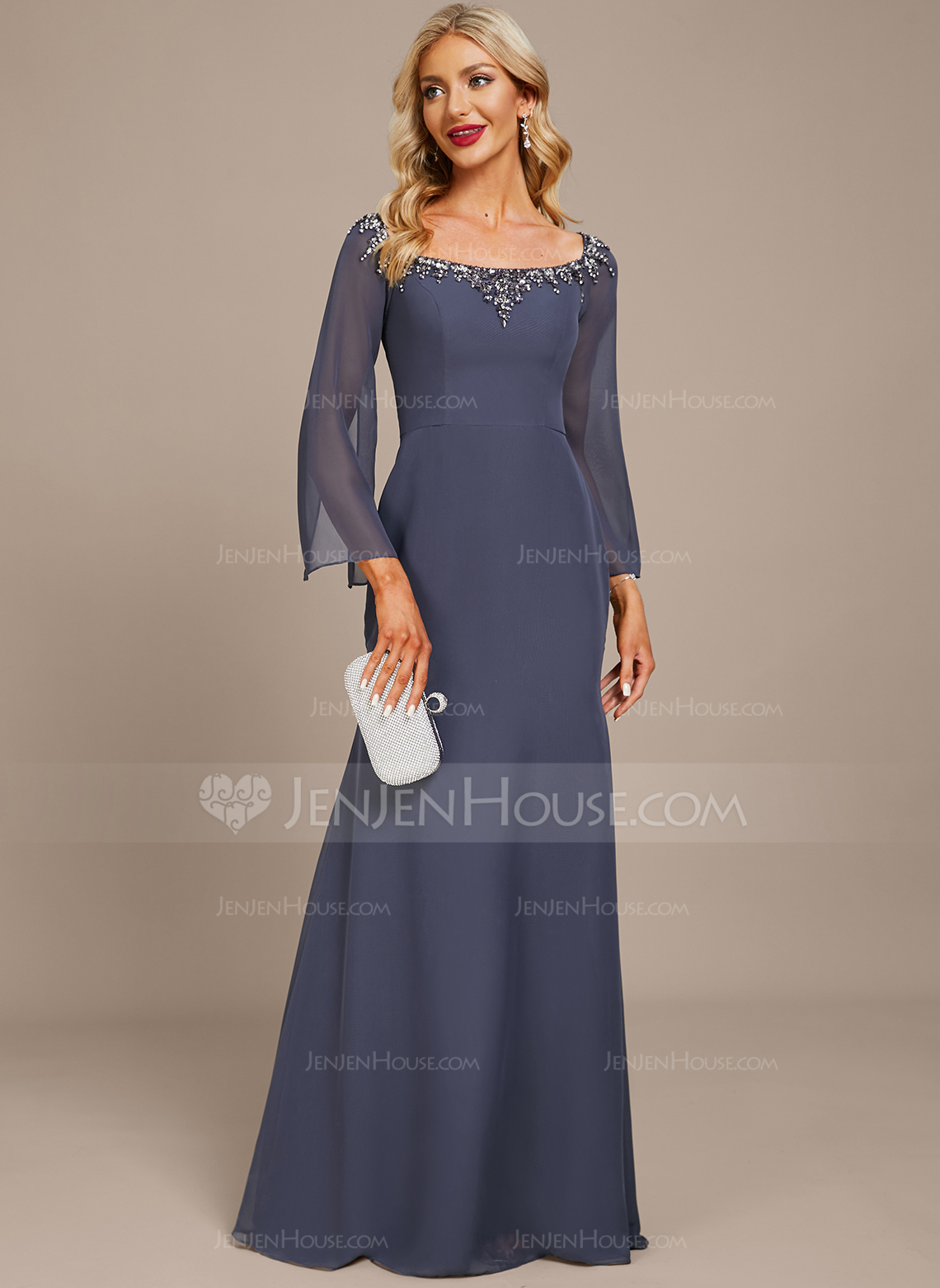 Linjeform Torget Gulvlengde Chiffong Festkjole med Profilering 