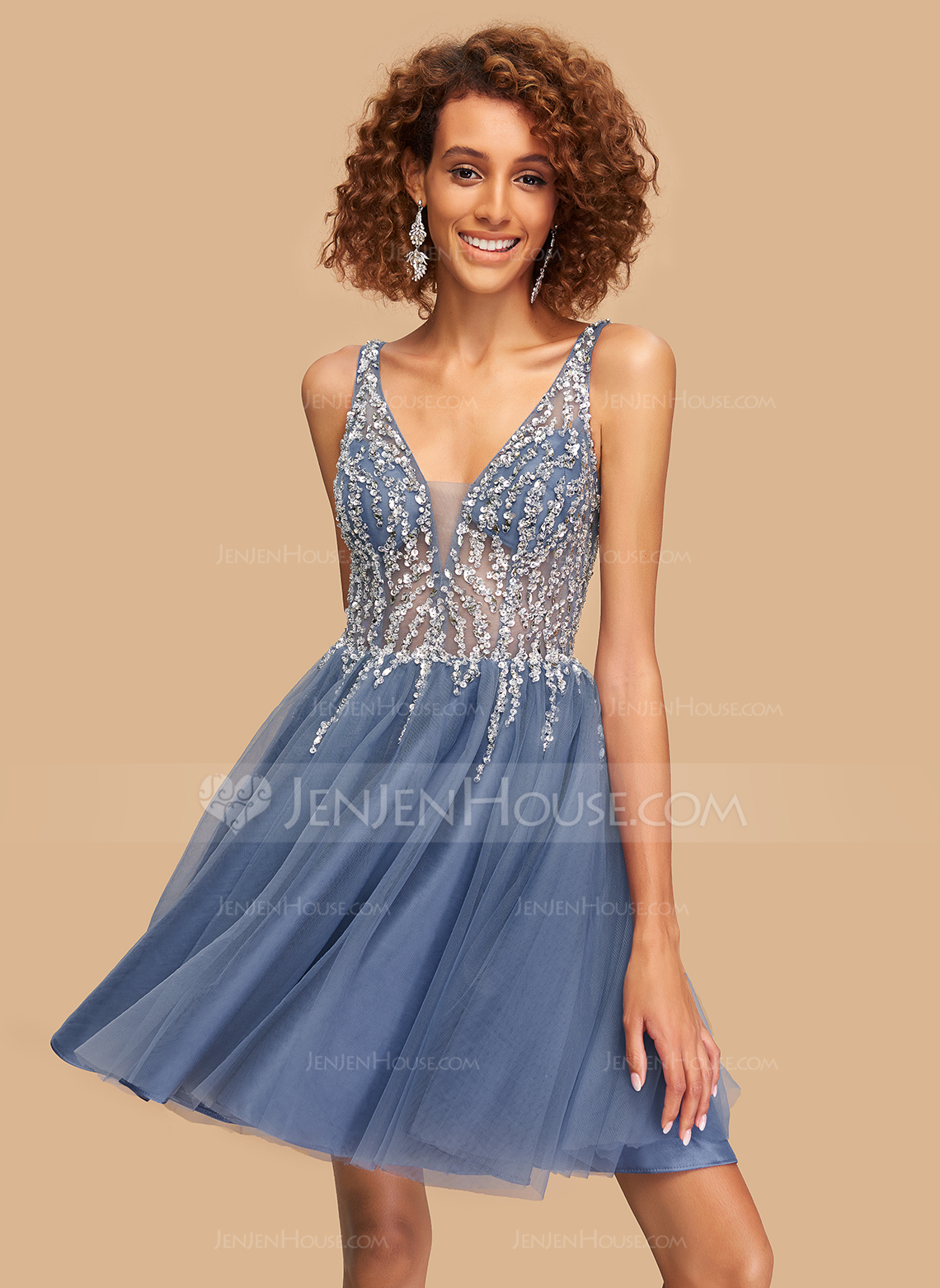 A-Formet V-hals Kort/Mini Tyll Skoleball Kjoler med Profilering paljetter 