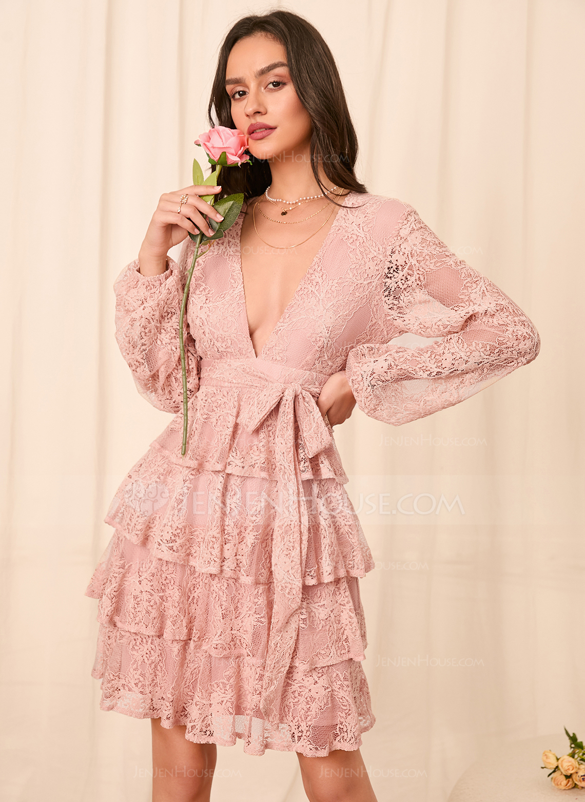 V-hals Lange ermer Elegant A-line kjole Blonder Mini Motekjoler 