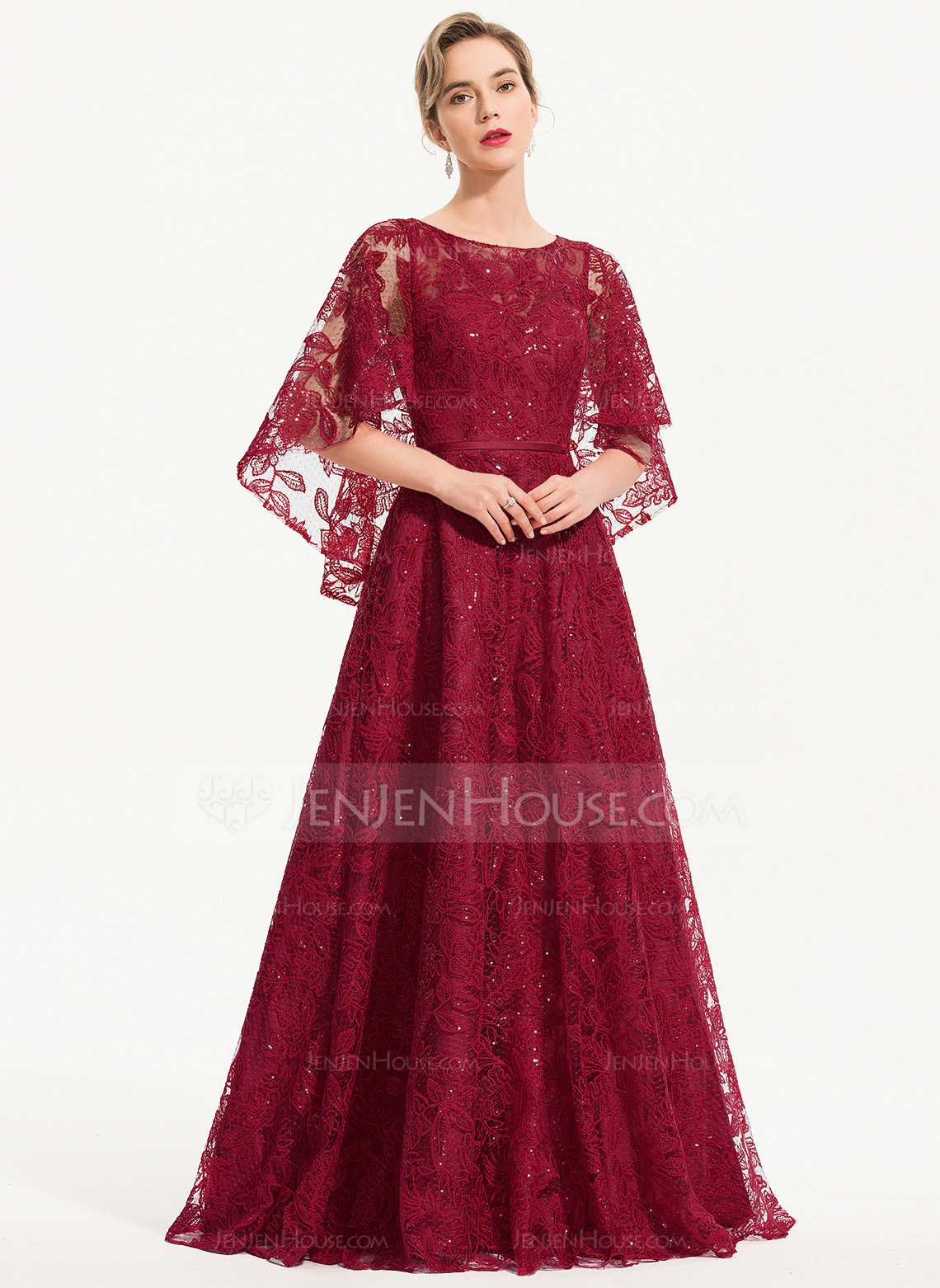 A-Linien-Kleid Rundhals Bodenlang Pailletten Spitze Abendkleid mit Cape-Ärmel 