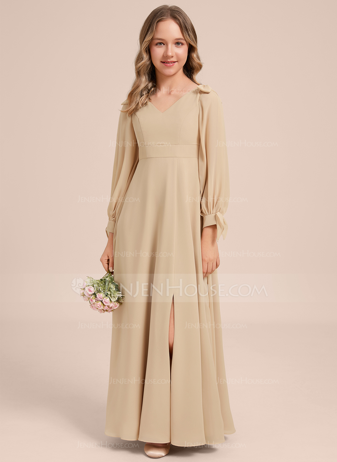 A-line V-Neck Floor-Length Chiffon Junior Bridesmaid Dress With Bow 