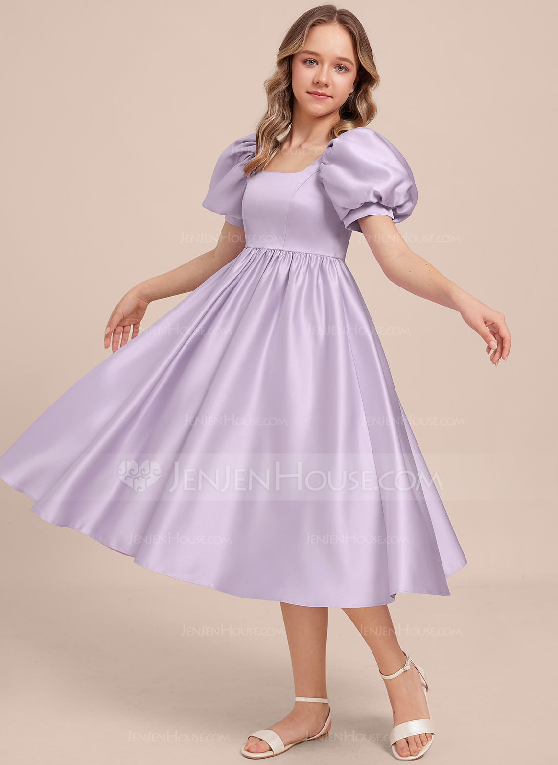 A-line Square Tea-Length Satin Junior Bridesmaid Dress 