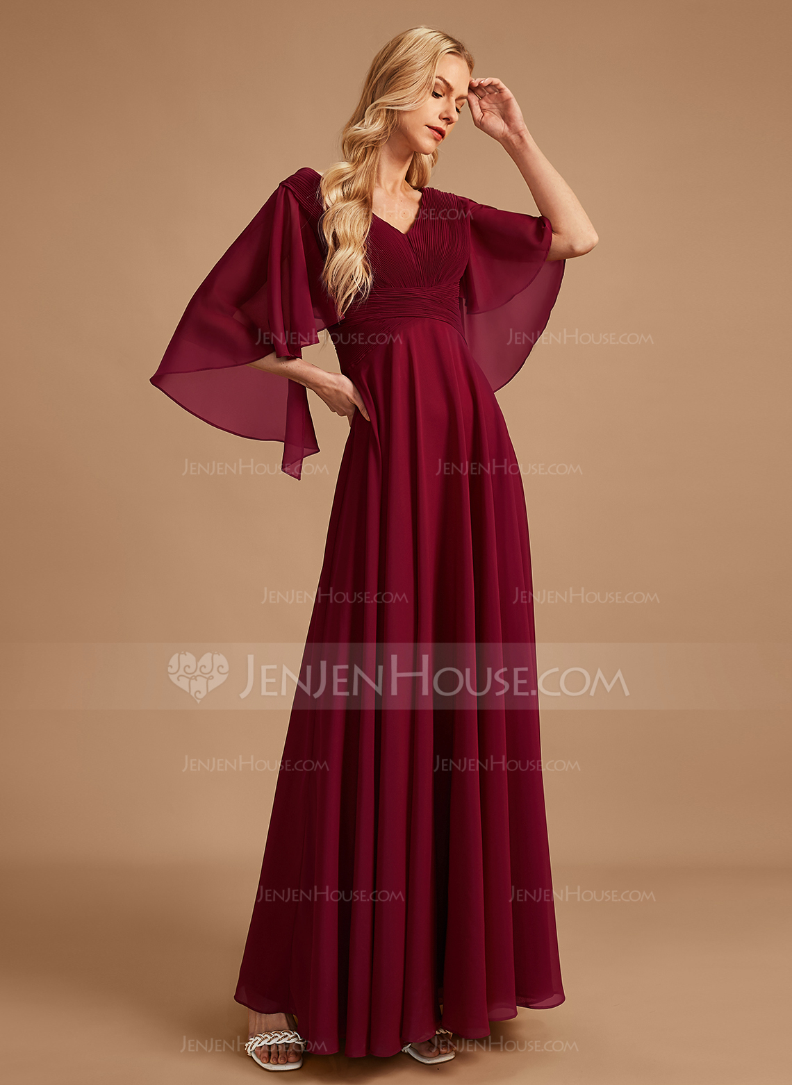 A-Line V-neck Floor-Length Chiffon Bridesmaid Dress With Ruffle 