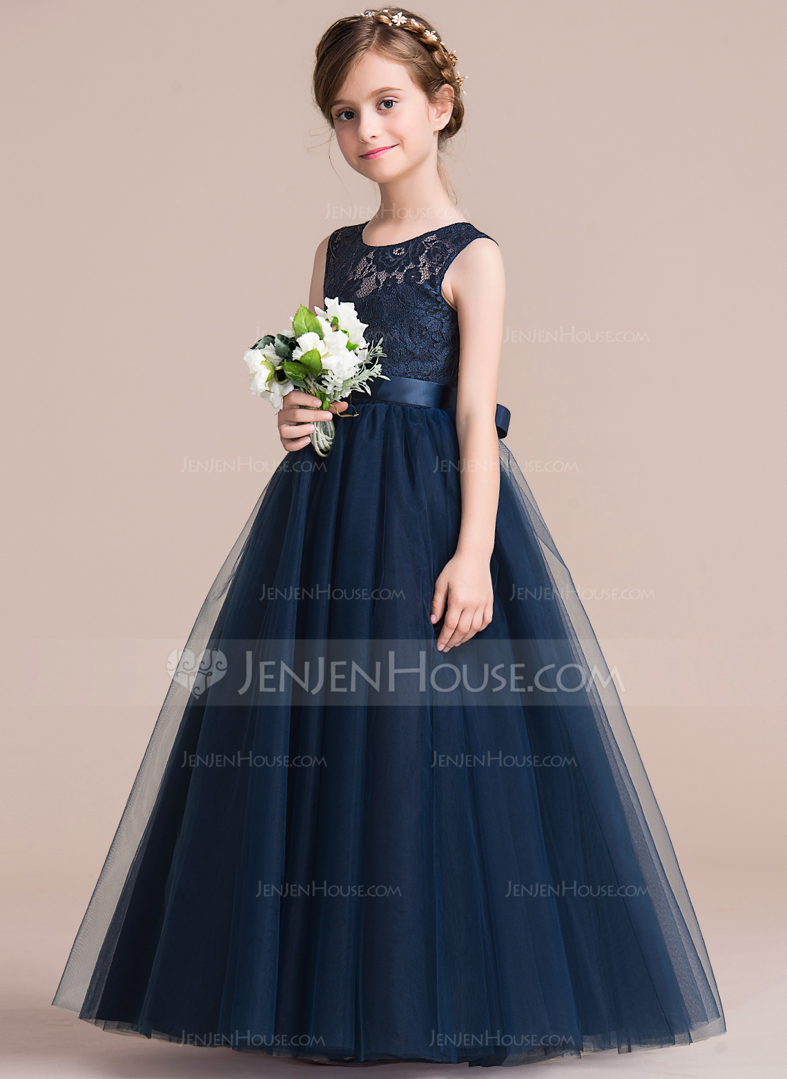 Ballkjole/Prinsesse Scoop Gulvlengde Satin Tyll Blonder Brudepikekjole til tenåringer med Bånd 