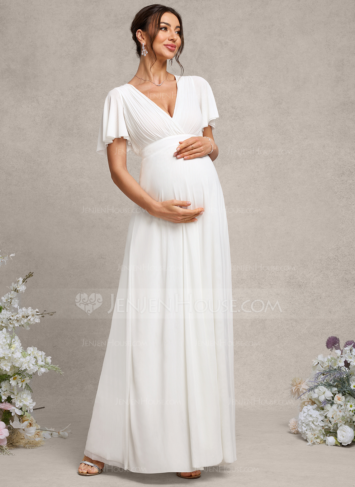 A-line V-Neck Floor-Length Mesh Maternity Dresses 
