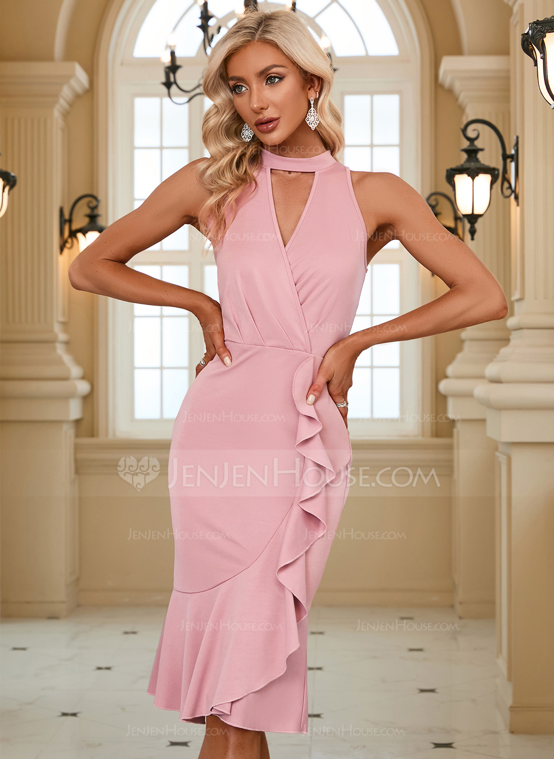 Høyhalser Trompet/Havfrue Bomullsblanding Midi Kjole 