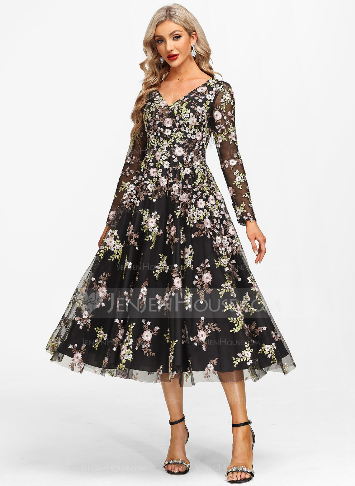 A-line kjole V-hals Te-lengde Blonder Floral Festkjole 